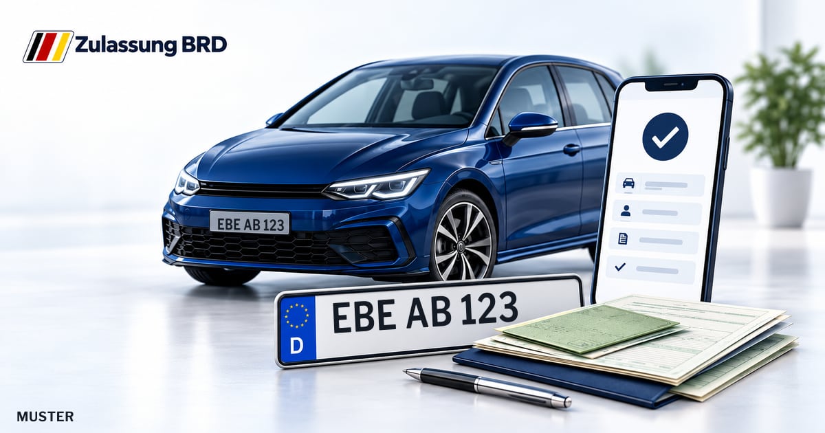 Online Fahrzeugzulassung in Grafing b.München: Musterkennzeichen EBE AB 123, Auto und Fahrzeugpapiere und Smartphone. Illustration mit Logo von Zulassung BRD.